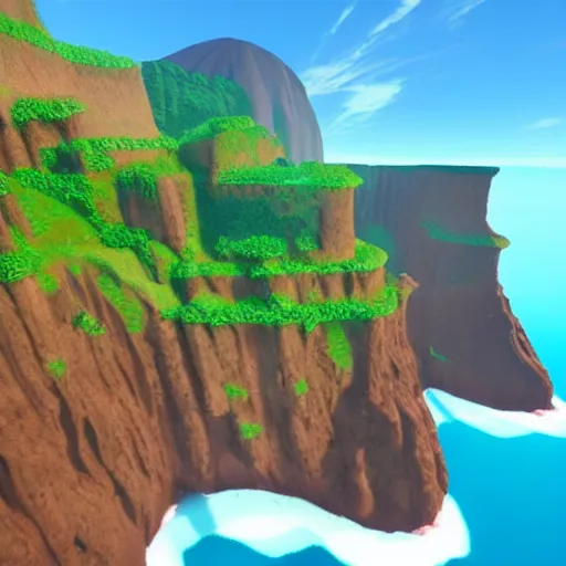 Prompt: hawaii cliffs and ocean as a legend of zelda landscape, beautiful, 3 d game art