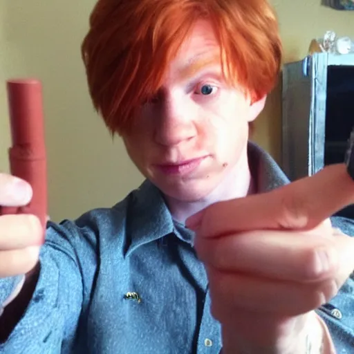 Prompt: Ron Weasley smoking a fat blunt, selfie 9mm