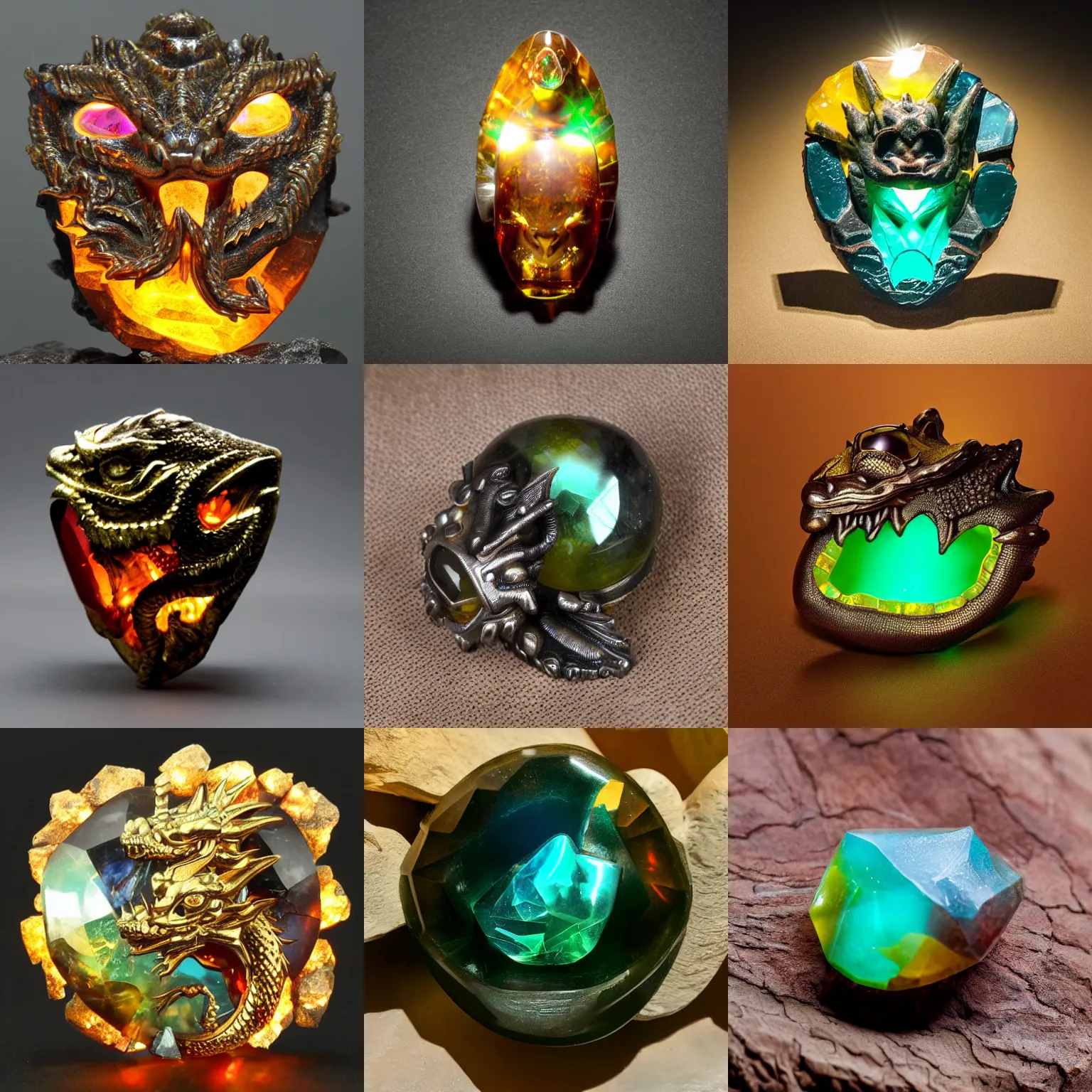 Prompt: sunstome of dragon head inside a shaded gemstone, gem, glowing, radiating light