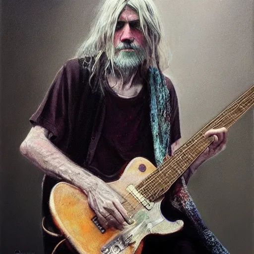 Image similar to UHD tonalism painting of an elderly, old Kurt Cobain, by Antonio Caparo and Ferdinand Knab and Greg Rutkowski, UHD, photorealistic, trending on artstation, trending on deviantart