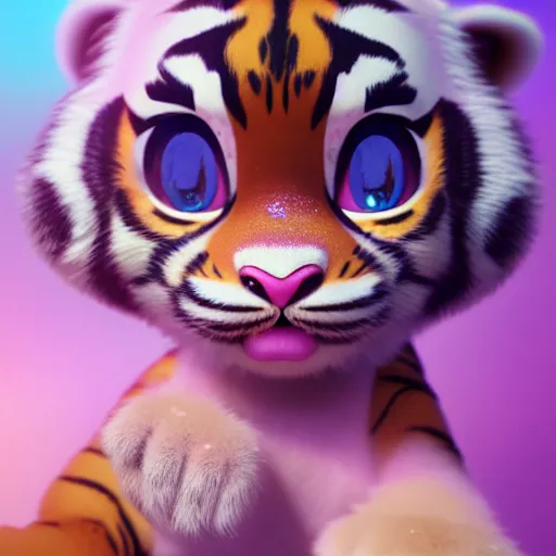 Image similar to a cute baby tiger cub, big eyes, soft fur texture, pastel colours, colorful, glitter crystals, cute, pixar animation style, detailed, soft light, octane render, 4 kb - w 6 4 0