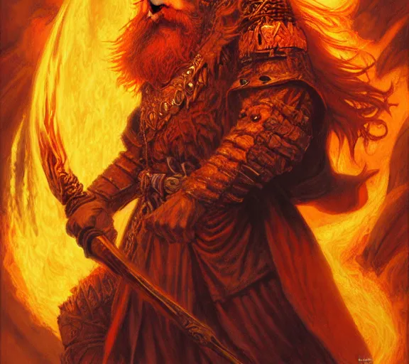 Image similar to The Fire King, beautiful young bearded ginger man, fire, flames, dramatic, hyperdetailed | donato giancola, ralph horsley, Artem Demura | waist-up portrait | dungeons and dragons