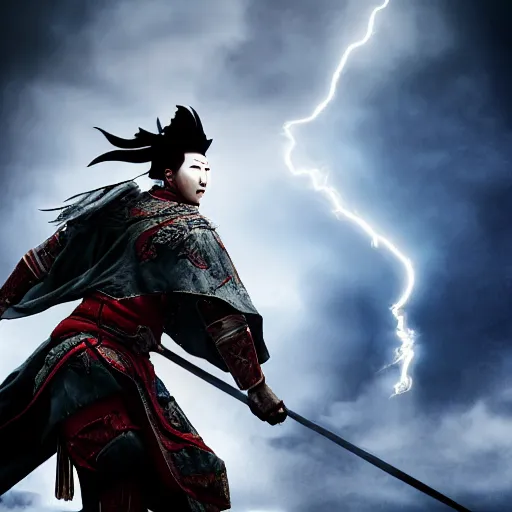 Prompt: ancient ink painting of a chinese warrior in clothes with a broadsword, hejump and hit the monster down hard, dark cloud and lightning on the grounddramatic lighting, cg, whole body, extremely detailed, octane render, 8 k, sophisticated