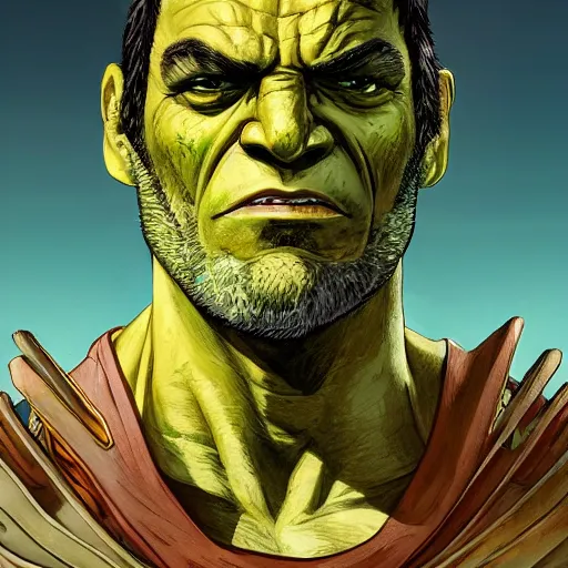 Image similar to [Don Quijote as The Hulk as GTA character, closeup, D&D, intricate, elegant, highly detailed, digital painting, artstation, concept art, matte, sharp focus, illustration, art by Artgerm and Greg Rutkowski and Alphonse Mucha and Enki Bilal]