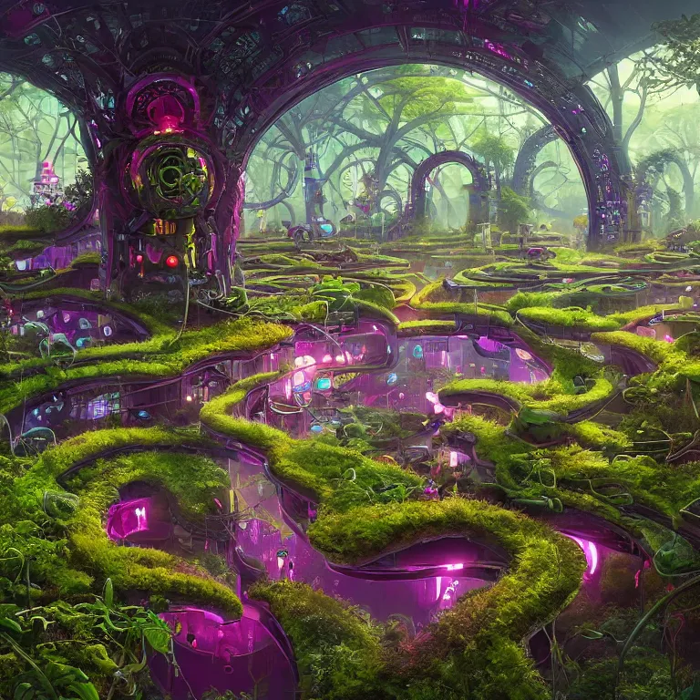 Prompt: a circle portal structure built out of plants and mushrooms ,trees, curves, arches, bright cyberpunk glow, epic surrealism, magenta, deep purple, lime green, hot pink, pale blue, Detailed digital matte painting in the style of simon stalenhag, Greg Rutkowski and Greg Hildebrandt artstation