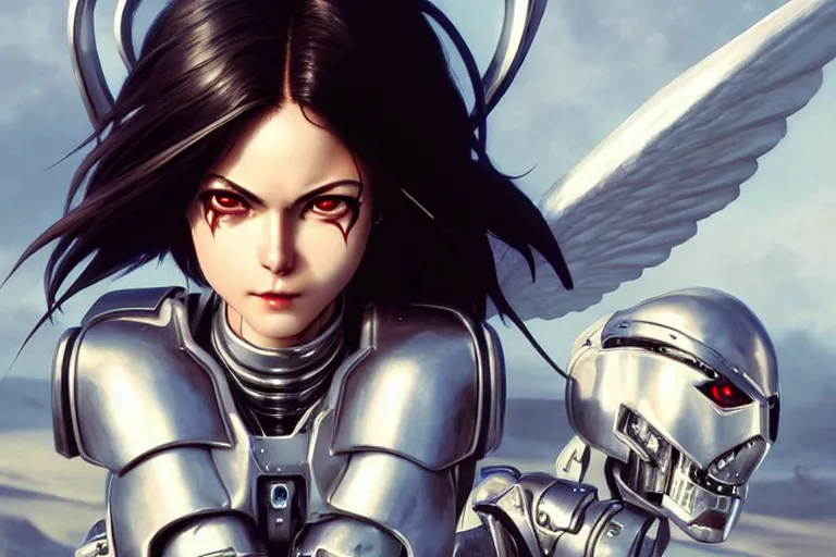 Prompt: grainy film photograph of battle angel in real life, beautiful, smiles, white plastic armour, full body shot, dynamic lighting, passionate, magazine cover, cinematic, highly detailed, sharp focus, art by artgerm and greg rutkowski