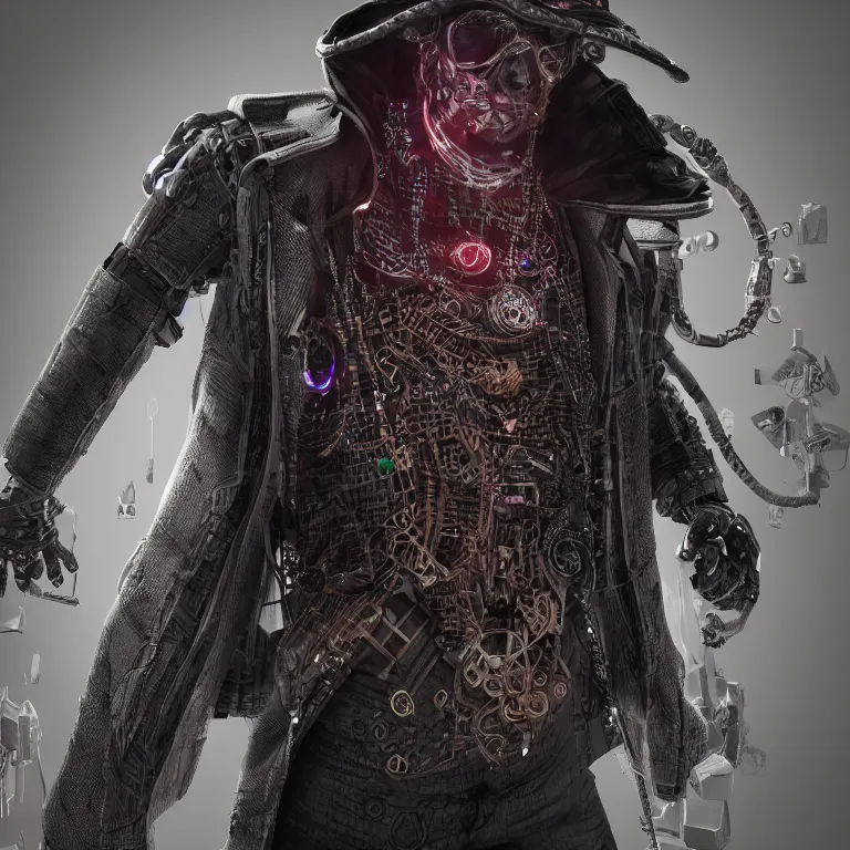 Prompt: a hyperrealistic 3d render of a cyberpunk warlock. intricate details. arnold render. Trending on ArtStation. Centered. Vivid cinematic lighting.