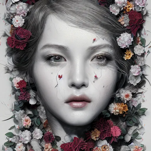 Prompt: the portrait of an absurdly beautiful, graceful, elegant mature young woman made of petals looking up, an ultrafine detailed illustration by kim jung gi, irakli nadar, intricate linework, bright colors, octopath traveler, final fantasy, angular, unreal engine 5 highly rendered, global illumination, radiant light, detailed and intricate environment