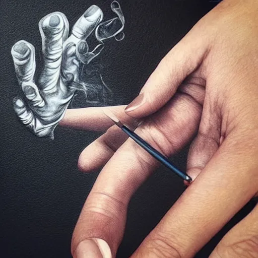 Prompt: Very very very very detailed, very very very very realistic artistic art of very very very anatomically correct hand of a woman that holds cigarette between fingers, by very very very very talented artist in very very very very aesthetic photorealism style