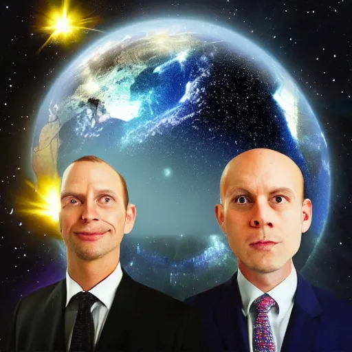 Prompt: double exposure portrait split in the middle, showcasing one astronaut and one chimpanzee in a suit posing with space in the background, pencil art, stars, sharpness, golden ratio