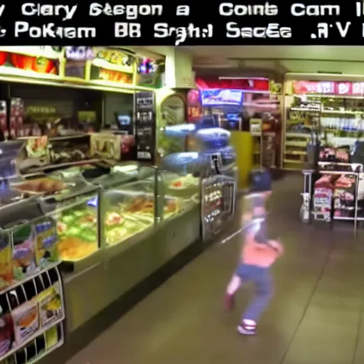 Image similar to cctv footage of a pokemon battle inside a deli, security cam footage