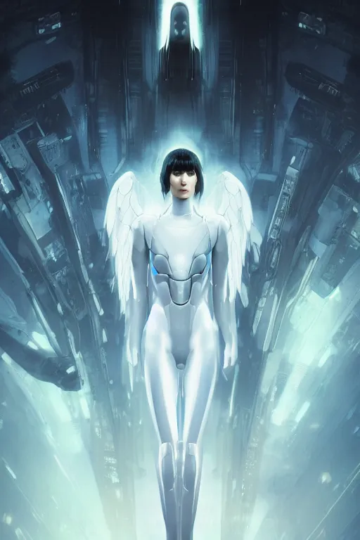 Image similar to white arc-angel with mystic robotic wings, blade runner, akira, ghost in the shell, 2077, ultra detailed, digital art, 8k ,character ,realistic, portrait, hyperrealistic