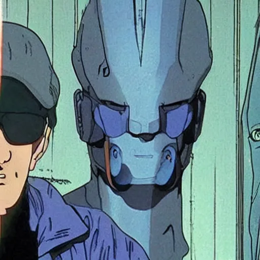 Image similar to Batou looking at camera in the style Ghost in the shell. Moebius, cyberpunk, masterpiece