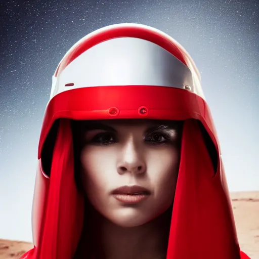 Image similar to headshot of a beautiful female soldier in glossy sleek primarily white armor with tiny red details and a long red cape, looking up at camera, determined expression, no helmet, on the surface of mars, night time, cinematic, sci-fi, hyperrealistic