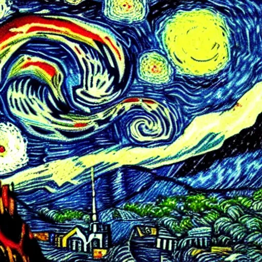 Image similar to a volcano at night, artwork by junji ito and van gogh, junji ito, van gogh