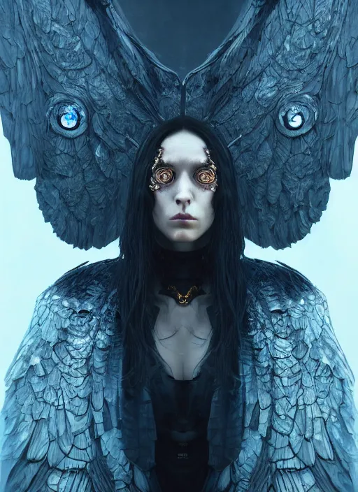 Image similar to Her huge ominous glowing blue eyes staring into my soul, WLOP, Tomasz strzalkowski, 8k portrait render, raven angel wings, cyberpunk, dramatic lighting, dark fantasy art, rococo, gold filigree, cgsociety