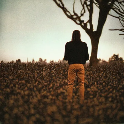 Image similar to kodak portra 4 0 0 photograph of a skinny guy standing in field of dead trees, flower crown, back view, moody lighting, moody vibe, telephoto, 9 0 s vibe, blurry background, vaporwave colors, faded!,