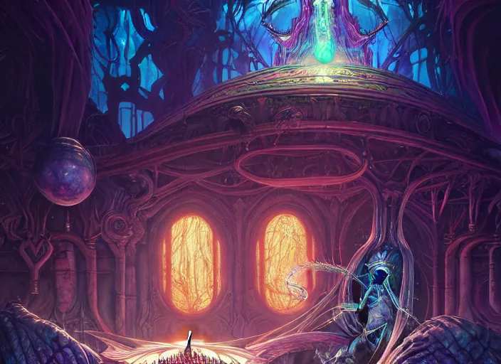 Prompt: a beautiful painting of a large warlock shrine shrouded by mystic nebula magic in an endless temple library by moebius and android jones, hollow knight, castlevainia, metroid, oil on canvas sharp, details, hyper - detailed, hd, hdr, 4 k, 8 k