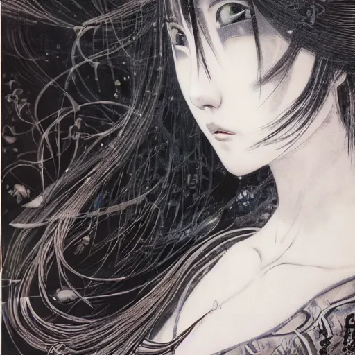 Prompt: yoshitaka amano blurred and dreamy realistic illustration of a japanese young woman with black eyes, wavy white hair fluttering in the wind wearing elden ring armor with engraving, abstract patterns in the background, satoshi kon anime, noisy film grain effect, highly detailed, renaissance oil painting, weird portrait angle, blurred lost edges, three quarter view