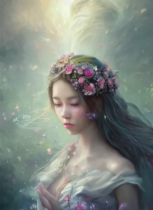 Prompt: a gorgeous flower princess portrait by WLOP, artgerm , digital painting, beautiful lighting, mystical, detailed flowers, 🌺 cgsociety