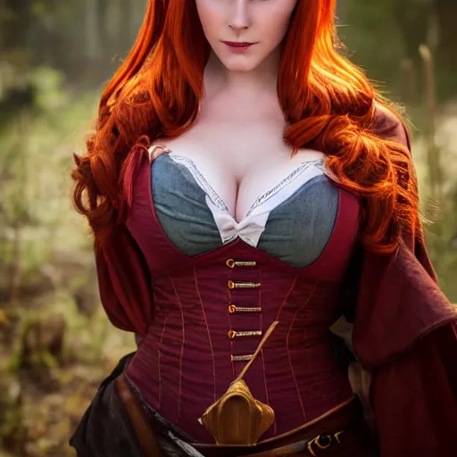 Prompt: Triss Merigold cosplay by Dominique Mcelligott, seductive gaze, 8k, professional photography, cinematic studio shot, dark, smoke