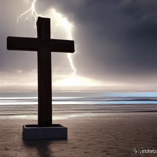 Prompt: a highly detailed vector render of a large cross standing on the beach as a storm comes in with the tide, a beautiful blonde woman sitting in the sand watching the ocean, epic fantasy, god rays, rocky beach, aerial photography, volumetric lighting, octane render, exquisite detail, 8 k, art by hayao miyazaki and albert bierstadt and alphonse mucha