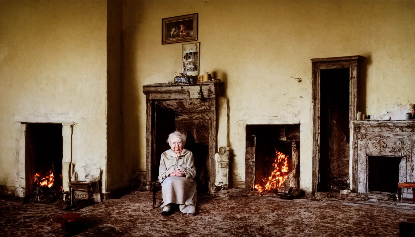 Prompt: in a frozen old living room a close up portrait of a solitary old underweight lady is cold, in the fireplace burning money floats in the air, hyper realistic photo, full colour, kodak porta 4 0 0, upscale, 8 k, masterpiece,