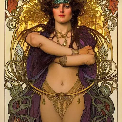 Prompt: realistic detailed face portrait of Kali by Alphonse Mucha, Greg Hildebrandt, and Mark Brooks, Art Nouveau, gilded details, spirals, Neo-Gothic, gothic, Art Nouveau