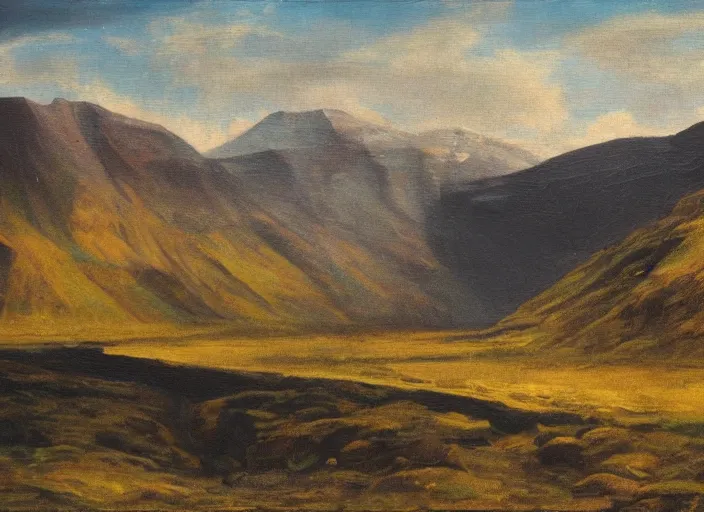 Image similar to vatnajokull national park, iceland in the style of hudson river school of art, oil on canvas