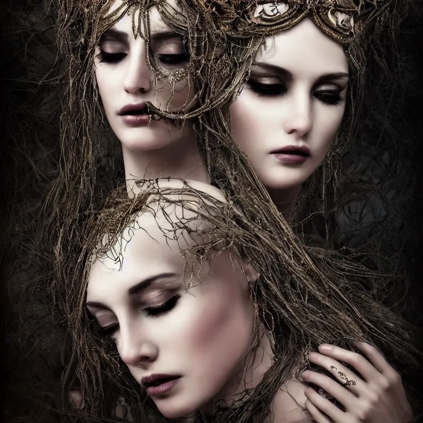 Image similar to mindblowing portrait of the enchantress queen, a stunning timeless beauty, breathtaking eyes, perfect skin, feathered eyelashes, royal gothic dress with a lot of leather, heavy silent hill aesthetic, incredibly intricate, digital art, blender, houdini & photoshop, very elegant & complex, hyper-maximalist, overdetailed, epic cinematic quality, biblical art lighting, photorealistic, lifelike, OLED, DSLR HDR 8k, face is the focus, facial feature symmetry, hyper composed, created by Nixeu & z--ed from deviantart