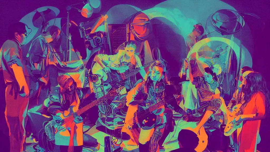 Image similar to duotone trippy 1 9 6 0 s lsd concept illustration of hippy rock musicians on stage. volumetric lighting. golden ratio accidental renaissance. by sachin teng and sergey kolesov and ruan jia and heng z. graffiti art, scifi, fantasy, hyper detailed. octane render. concept art. trending on artstation.