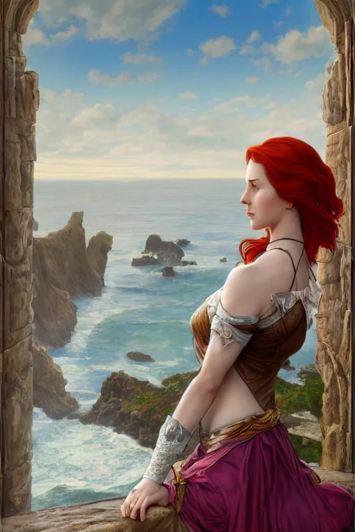 Image similar to a hyperdetailed matte painting of triss merigold as a princess asleep on a bed in a tower, sleeping beautry, window overlooking cliffs and crashing waves in the background, highly detailed, deep focus, elegant, digital painting, smooth, sharp focus, ultra realistic, 8 k, art by artgerm and alphonse mucha