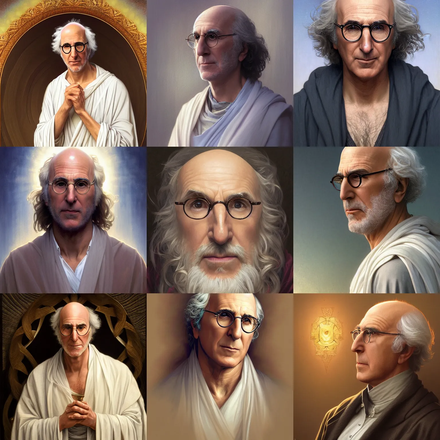 Prompt: a portrait of larry david as jesus, intricate, elegant, highly detailed, digital painting, artstation, concept art, smooth, sharp focus, illustration, art by artgerm and greg rutkowski and alphonse mucha and william - adolphe bouguereau