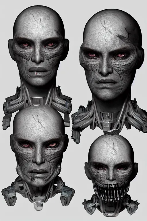 Prompt: cyborg cyclopes with gunmetal grey skin, medical anatomy, cyberpunk face, highly detailed, japanese, mecha asthetic, mechanical implants, three - view reference sheet ( front / back / side ), in the style of dan ouellette, dren from splice, hr giger, sil from species, artstation, unreal engine