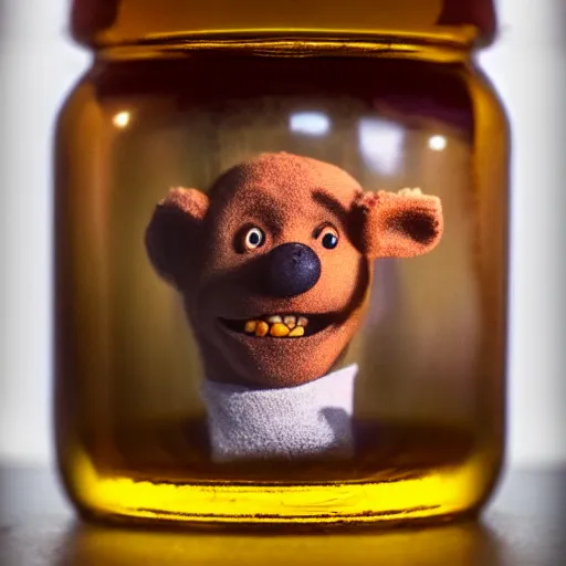 Image similar to a jar of honey made out of winnie the pooh's head, claymation, deep lighting