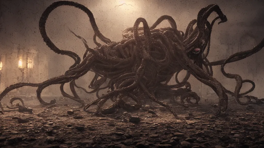 Image similar to Nyarlathotep, the Crawling Chaos, horror, eldritch, 8K, concept art, DSLR, filmic, HDR, hyperrealism, Unreal Engine, volumetric lighting, Darkart