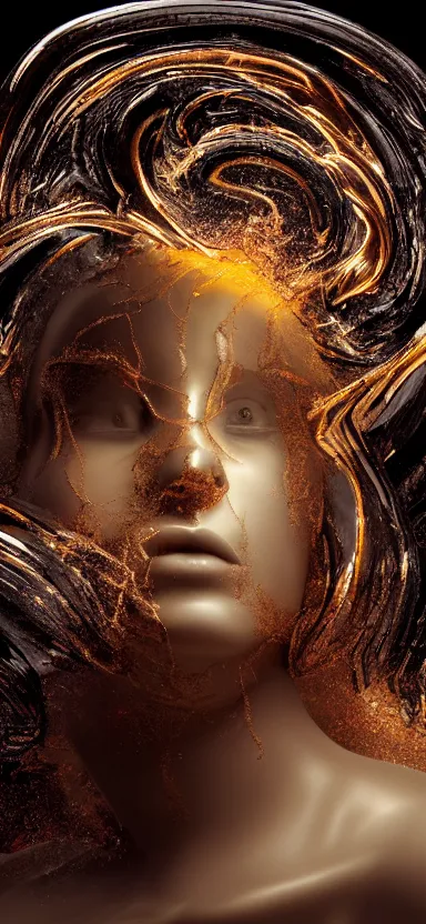 Image similar to epic, abstract sculpture of beautiful female face and black swirling liquifying acrylic portrait, fluffy clouds, golden hour, beautiful light, 3 d sculpture of carving marble, dark colors, dark mood, one point lightning, golden spirals, epic matte painting, concept art