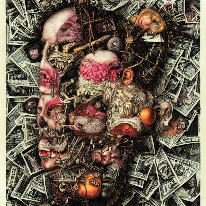 Image similar to post - punk album cover, asymmetrical design, dollar bank notes, capitalism, magic, apocalypse, psychedelic, black white pink, highly detailed, magic, giger h. r., giuseppe arcimboldo