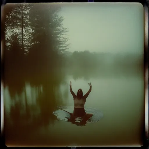 Image similar to semi translucent smiling @frog@ floating over misty lake in Jesus Christ pose, polaroid photography by Andrei Tarkovsky, paranormal, spiritual, mystical