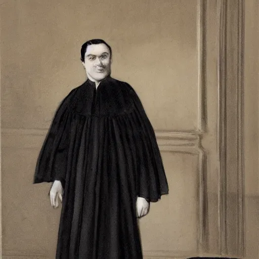 Image similar to photo of a french lawyer wearing a french black court dress, contemporary, color, award - winning, realistic