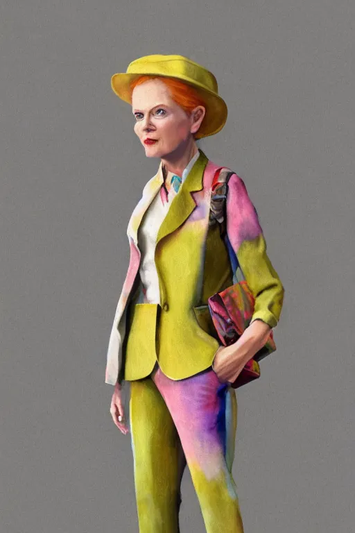 Prompt: a scene with a character wearing a super colorful muted color diy! suit, with a lot of pockets and details, vivienne westwood!, detailed photoreal render octane render, oil on canvas, watercolor