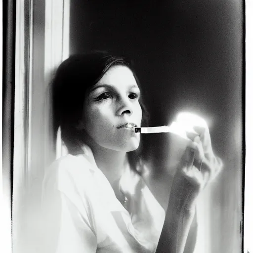 Image similar to black and white photo of a woman smoking a cigarette by the window