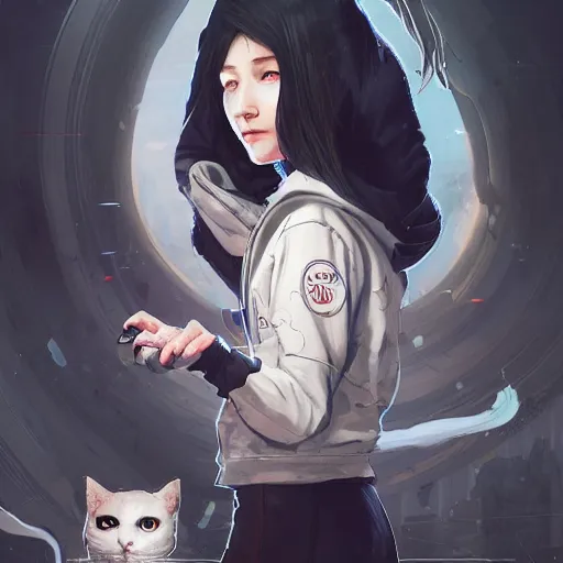 Image similar to a pale skinny white young girl, black hair, the hime cut, in a black hoodie, and two cats, apex legends character, digital illustration portrait design, by android jones and greg rutkowski, retrowave color scheme, detailed, cinematic lighting, wide angle action dynamic portrait