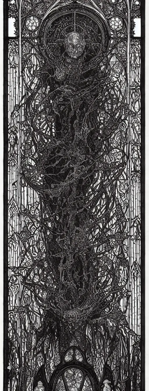 Prompt: highly detailed doom medieval gothic stained glass concept art drawing, intricate and stylized infernal designs by zdizslaw beksinski, kilian eng, alphonse mucha