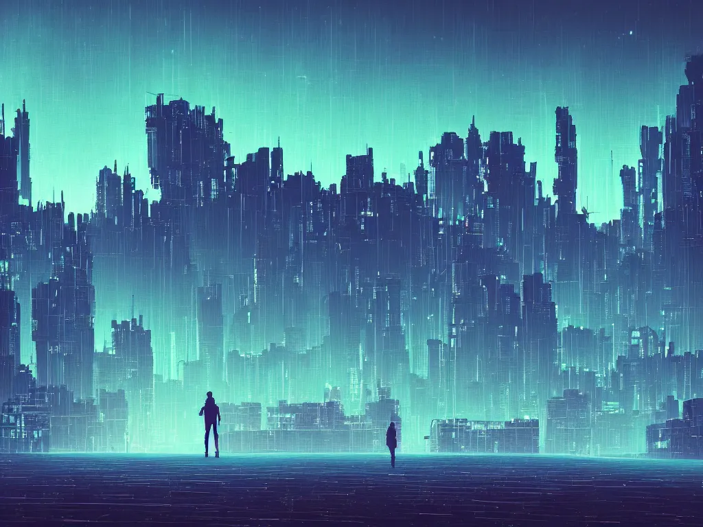 Prompt: synthwave landscape of a lone traveler walking towards a distant cyberpunk castle, cyberspace, grid, virtual, night, wireframe, by John Smith, by Alena Aenami, by Paul Lehr, wide angle, highly detailed, cinematic, Blue and Green color scheme