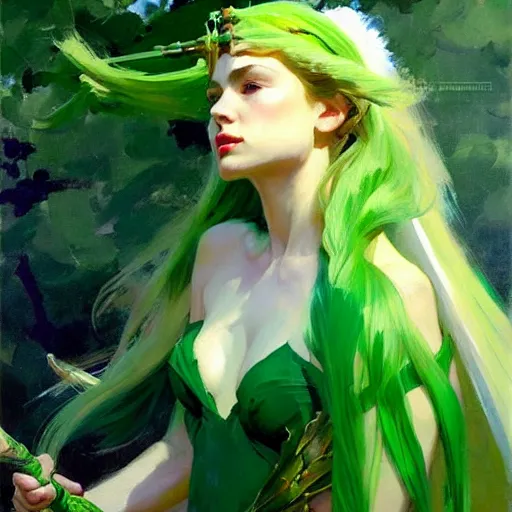 Image similar to greg manchess painting of goddess of hunt wearing green clothes, green and white long hair, long green wings, large green sword, trending on artstation, by huang guangjian and gil elvgren and sachin teng