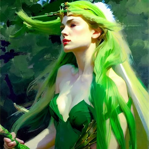 Prompt: greg manchess painting of goddess of hunt wearing green clothes, green and white long hair, long green wings, large green sword, trending on artstation, by huang guangjian and gil elvgren and sachin teng