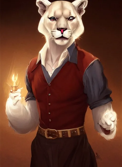 Image similar to beautiful portrait commission of a male furry anthro albino mountain lion with dark red eyes wearing a dress shirt in an old-timey Saloon. Atmospheric. Character design by charlie bowater, ross tran, artgerm, and makoto shinkai, detailed, inked, western comic book art