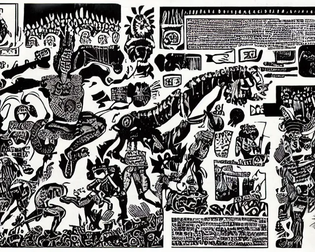 Prompt: ecstatic party in las pozas, mayan jaguar warrior, ink by frank miller and jose guadalupe posada, cut out collage, science fiction fanzine 1 9 6 7