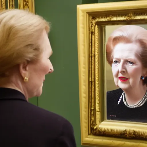 Image similar to close up of liz truss looking into a mirror and seeing margaret thatcher as her reflection, cinematographic shot, by daniel f. gerhartz